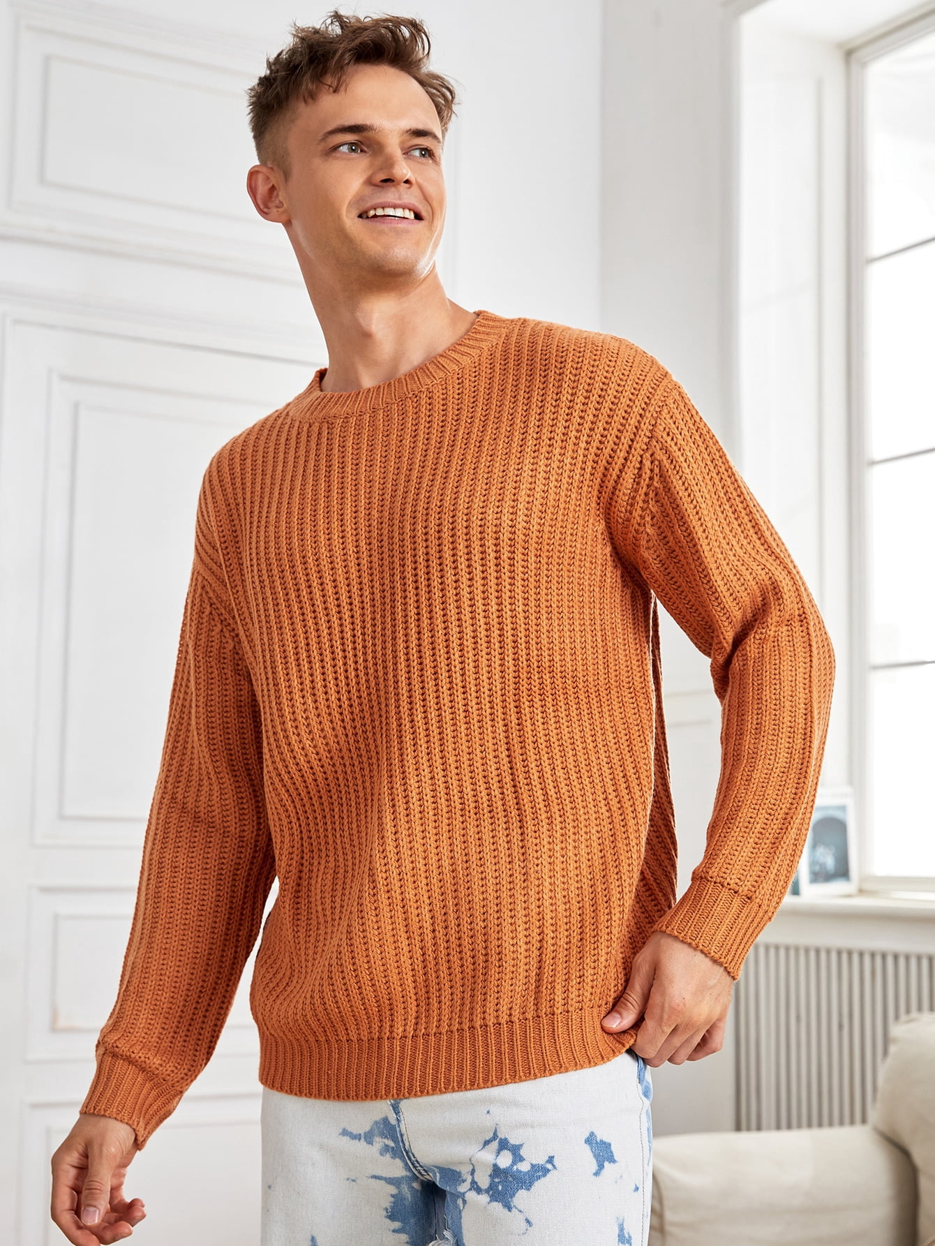 Men Ribbed Knit Drop Shoulder Sweater M 