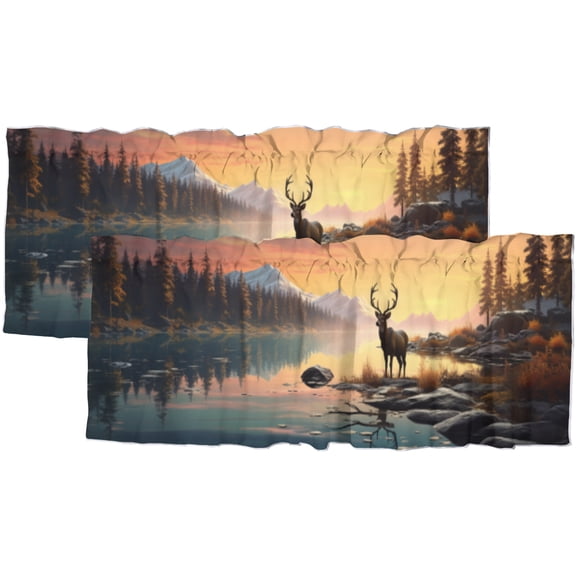 Deer Valance Curtain for Kitchen Wild Animal Autumn Hunting Jungle Rustic Cabin Window Valance for Living Room Bedroom, Kitchen Valance Rod Pocket Window Curtain 54 by 18 in, 2 Panel