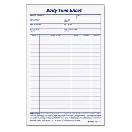TOPS Daily Time and Job Sheets, 8 1/2 x 5 1/2, 200/Pad, 2/Pack -TOP30041
