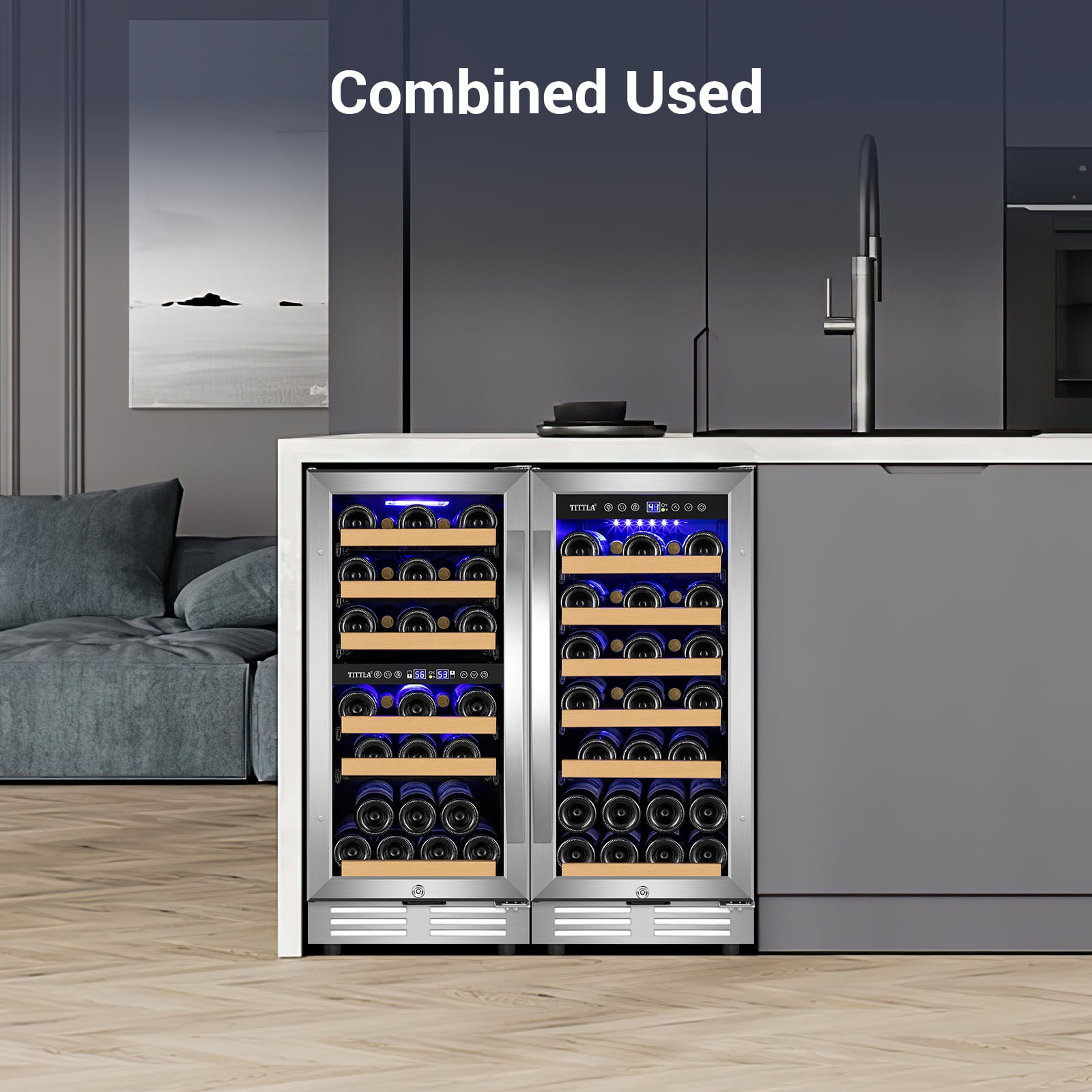 Tittla 15 Inch Dual Zone Wine Cooler and 15 Inch Single Zone Wine Cooler 60 Bottle with Upgraded Compressor Under Counter or Freestanding Low Noise