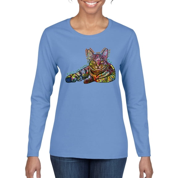 First We Still Your Heart Then Your Bed | Funny Neon Colorful Cat | Dean Russo Art Animal Lover Womens Long Sleeve T-Shirt, Light Blue, Small