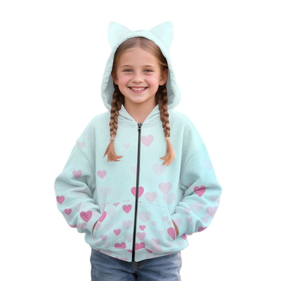 YunPes Cute Cat Ear Hoodies for Girls Heart Graphic Hooded Jacket Zip up Oversized Aesthetic Sweatshirts Valentines Day Fleece Coats