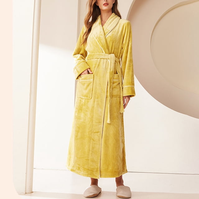 RXIRUCGD Peignoir Long pour Femme à Col Épaissi, Col Confortable, Robe de Nuit, Tenue d'Intérieur ( Jaune, Taille : M )