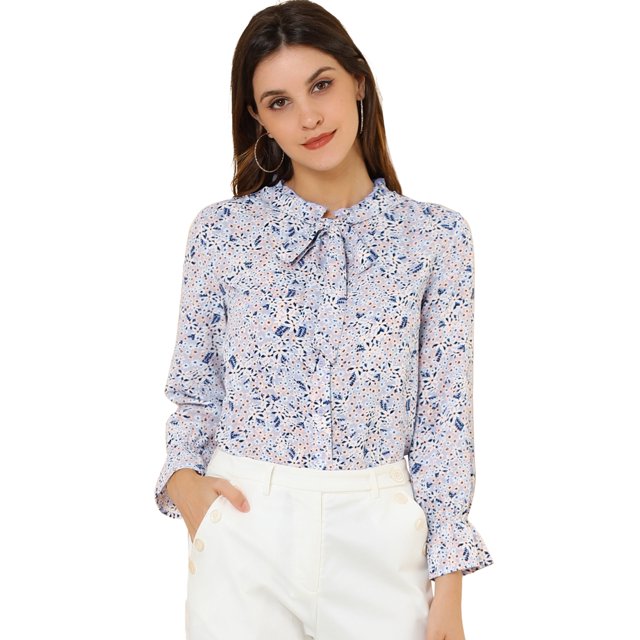 INSPIRE CHIC Blusa floral vintage de manga larga con cuello abotonado y pajarita para mujer Lavanda S