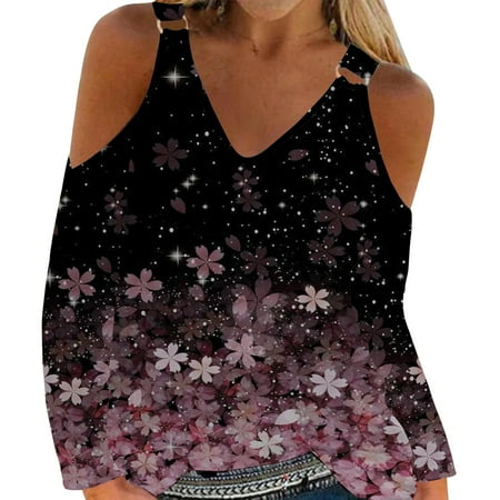 

Ziloco Women Sexy T- Shirt Cold Shoulder Pullover Blouse V-Neck Long Sleeve Print Tops womens clothes fall 2022 scrub tops women Purple S