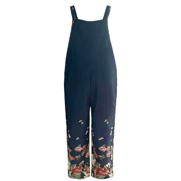 Womens Fashion Pants Overalls Rompers Printed Buttons Suspender Jumpsuit