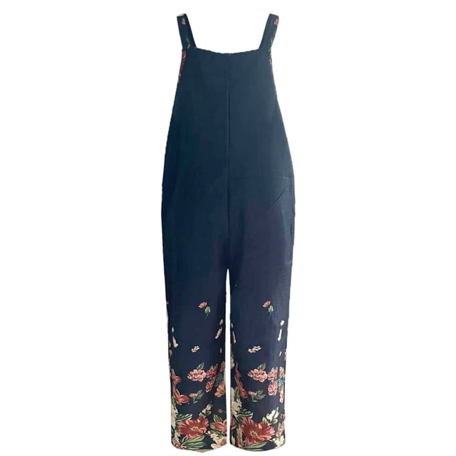 Womens Fashion Pants Overalls Rompers Printed Buttons Suspender Jumpsuit