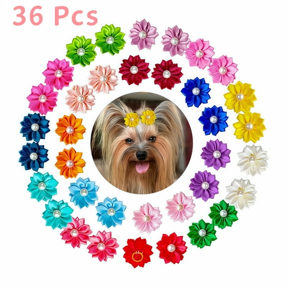 WuPing 36 Pcs Pet Bows for Dogs Set for Holidays, Dog Silk Flowers with Rubber Bands, Colorful Puppy Hair Accessories