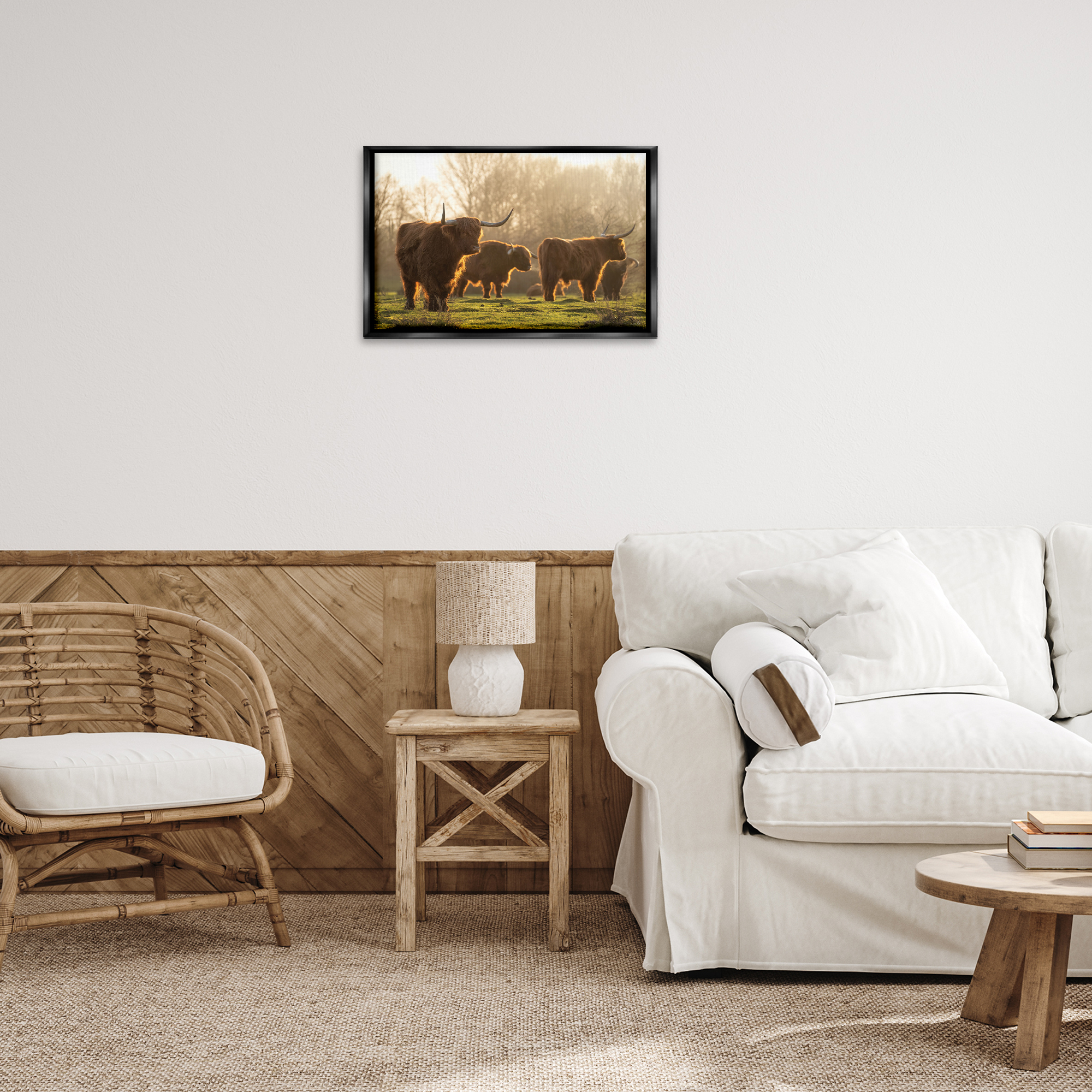 Stupell Industries Longhorns in Foggy Pasture Animals & Insects Photography Black Floater Framed Canvas Art Print Wall Art, 25 x 17