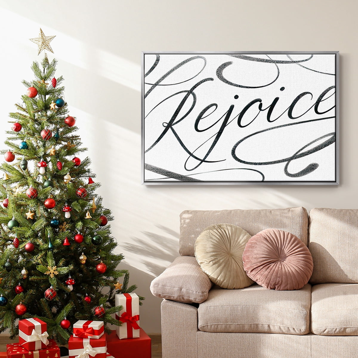 Rejoice - Framed Gallery Wrapped Holiday Canvas - 27 x 41 - Silver Frame