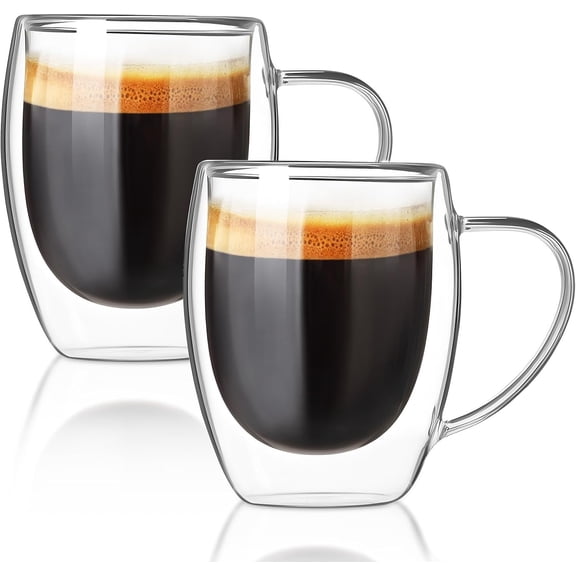 Double Walled Glass Coffee Mugs Set of 2,12 oz Glass Coffee Cups | Clear Borosilicate Glass Mugs with Handles, Suitable for Cappuccinos, Lattes, and Other Hot Beverages