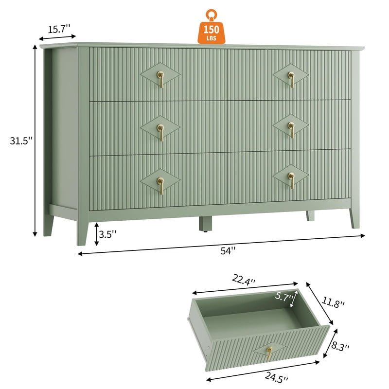 TROPOW Fluted 6 Drawers Dresser for Bedroom, 54" Wide Modern Chest of Drawers with Metal Handle, Wooden Dresser Organizer for Bedroom, Living Room, Hallway, Entryway