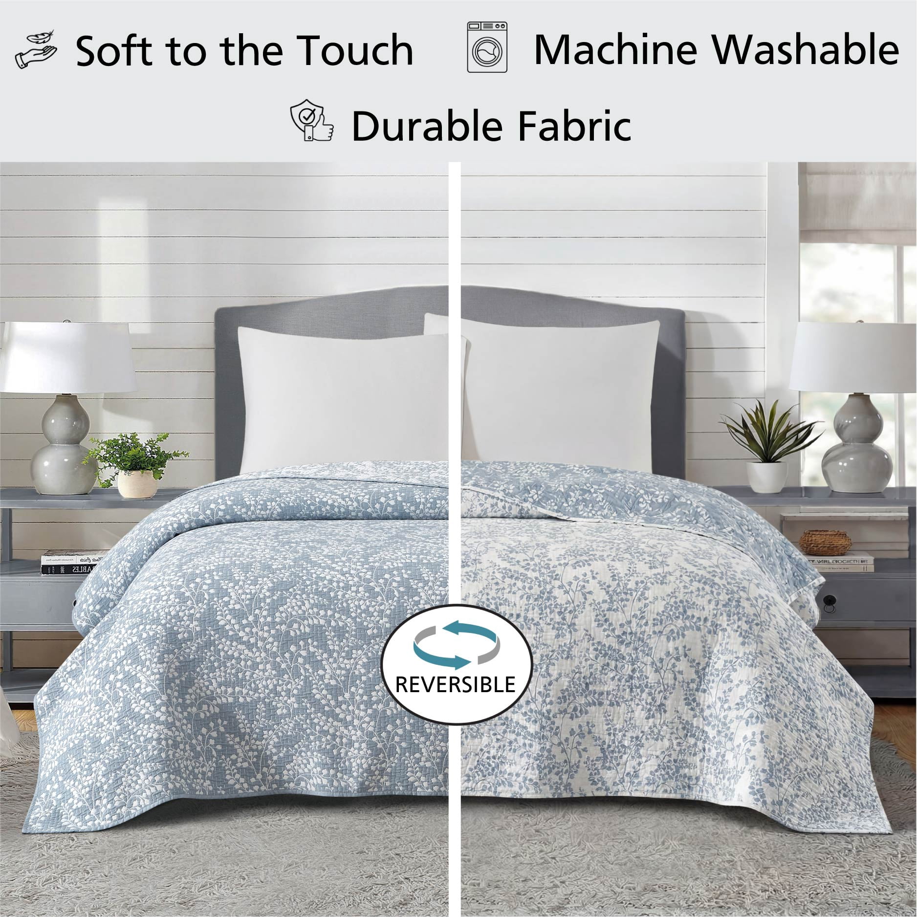 Mainstays Botanical Floral Stitched Quilt, King, Light Blue, Reversible Lightweight Bedding
