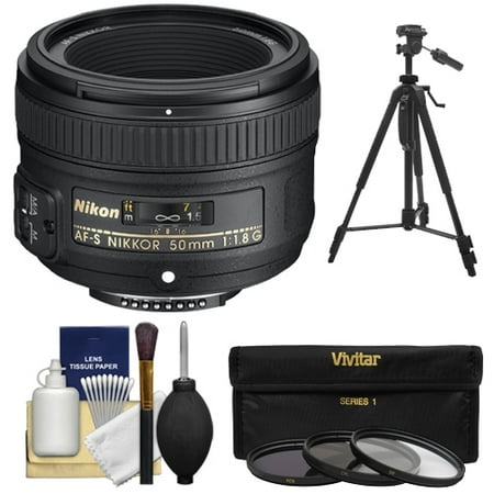 Nikon 50mm f/1.8 G AF-S Nikkor Lens with 3 (UV/CPL/ND8) Filter Set + Tripod + Accessory Kit for Digital SLR