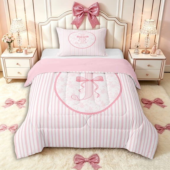 Manfei Girls Cute Bow Stripes Letter I Monogrammed Twin Comforter Sets 3-Piece,Kids Teens Romantic Flowers Bow Tie Bedding Set,Pink Reversible,Super Cozy Room Decor