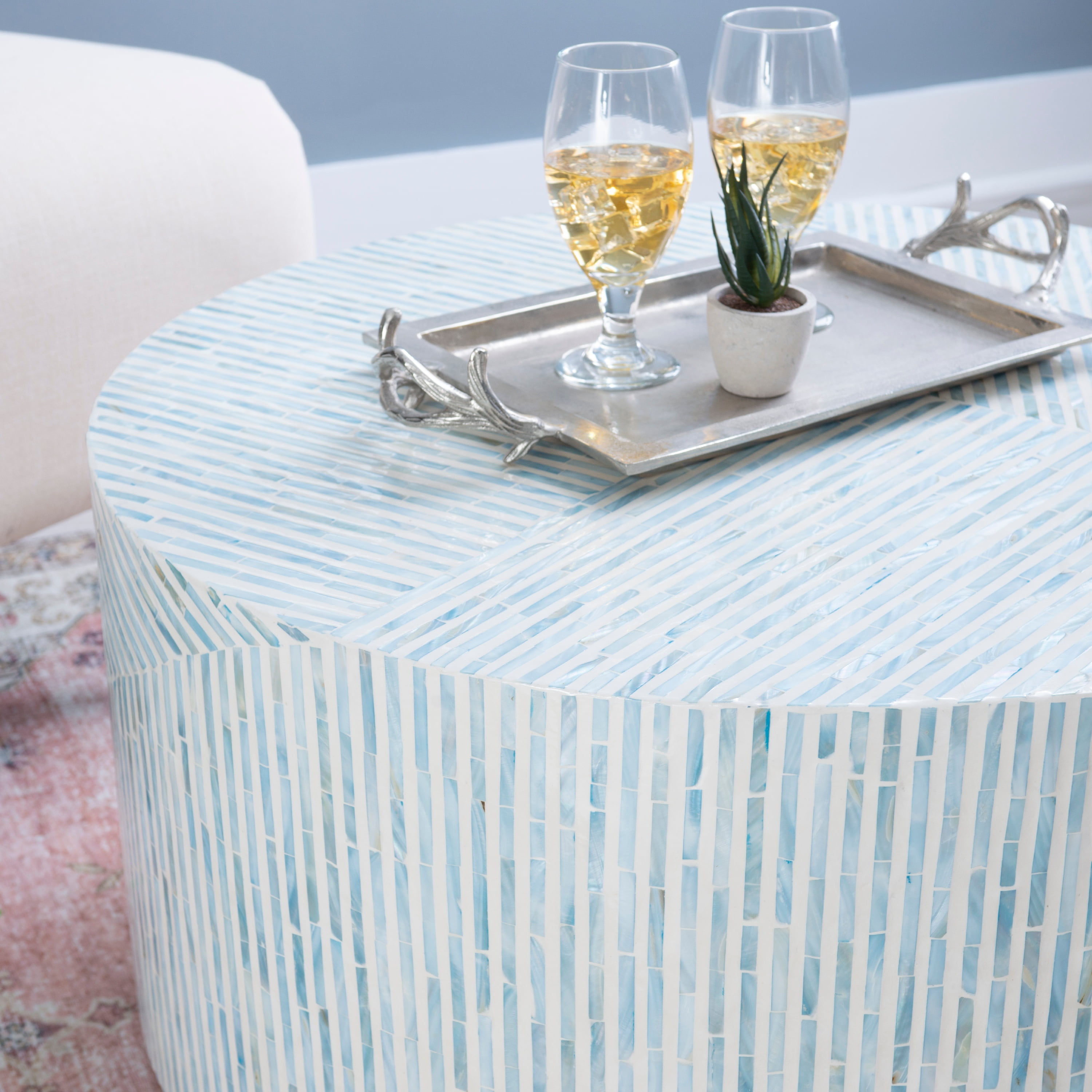 Linon Pomona Round Drum Coffee Table, Blue and Gray Mother of Pearl on White