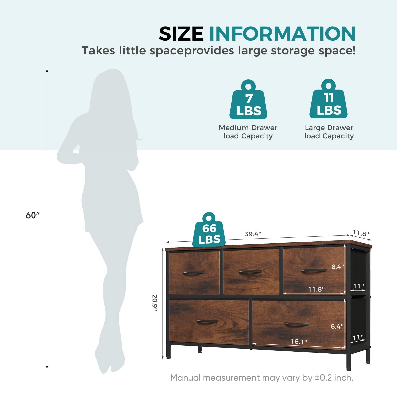 Telyra 5-Drawer Fabric Dresser TV Stand Organizer with Wood Top and Metal Frame, Rust