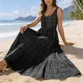 thumbnail image 4 of XUNKUSGA Maxi Sundresses for Women Casual Scoop Neck Sleeveless Plaid Pleated Flowy Womens Summer Dresses Classic High Waisted Beach Swing Dress with Pockets,Gray,S, 4 of 7