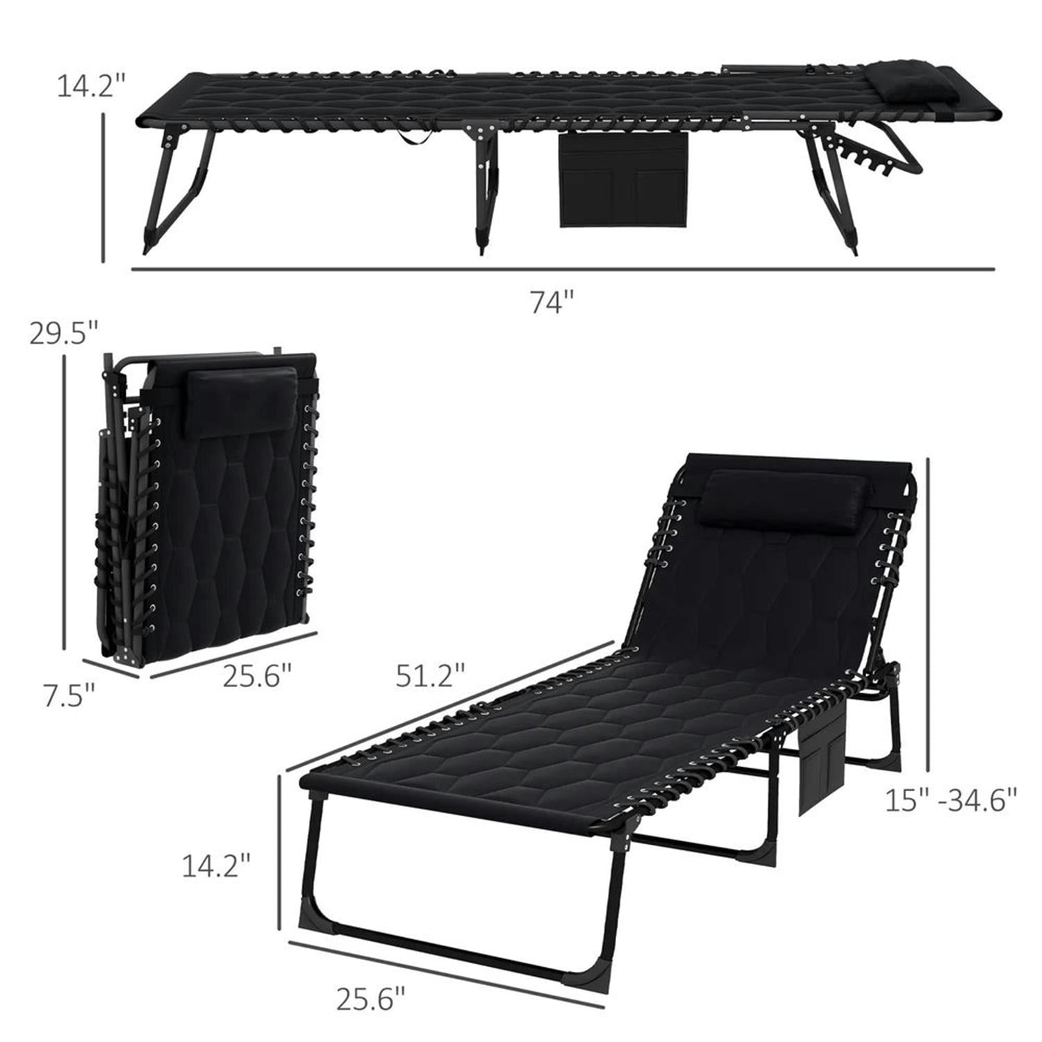 Demi Bonn Outdoor Folding Lounger Chaise with Reclining, Heavy Duty Frame, Portable Relaxation for Beach, Yard, Patio, Black