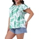 thumbnail image 4 of Blusa de vacaciones de verano de mujer plus size Agnes Orinda con estampado floral, cuello en V atado y mangas cortas con volantes 2X blanca y verde, 4 of 6