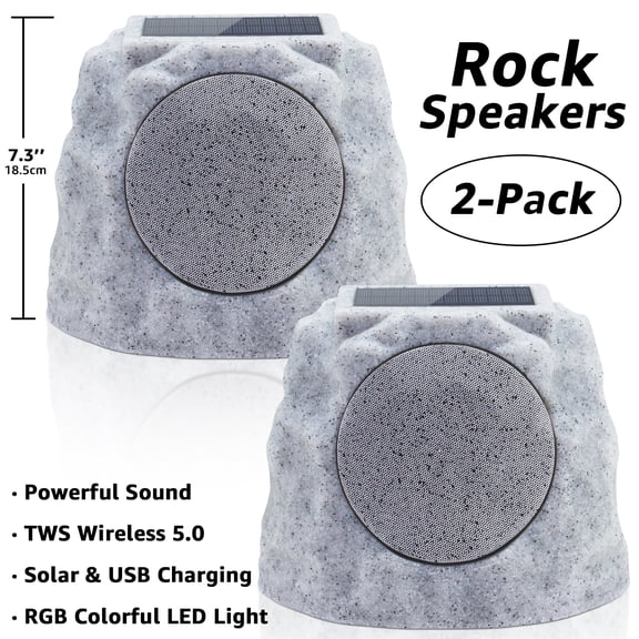 NiceBuy Outdoor Waterproof Solar Powered Bluetooth Rock Speakers with TWS Pairing and RGB Lights, 2 Pack