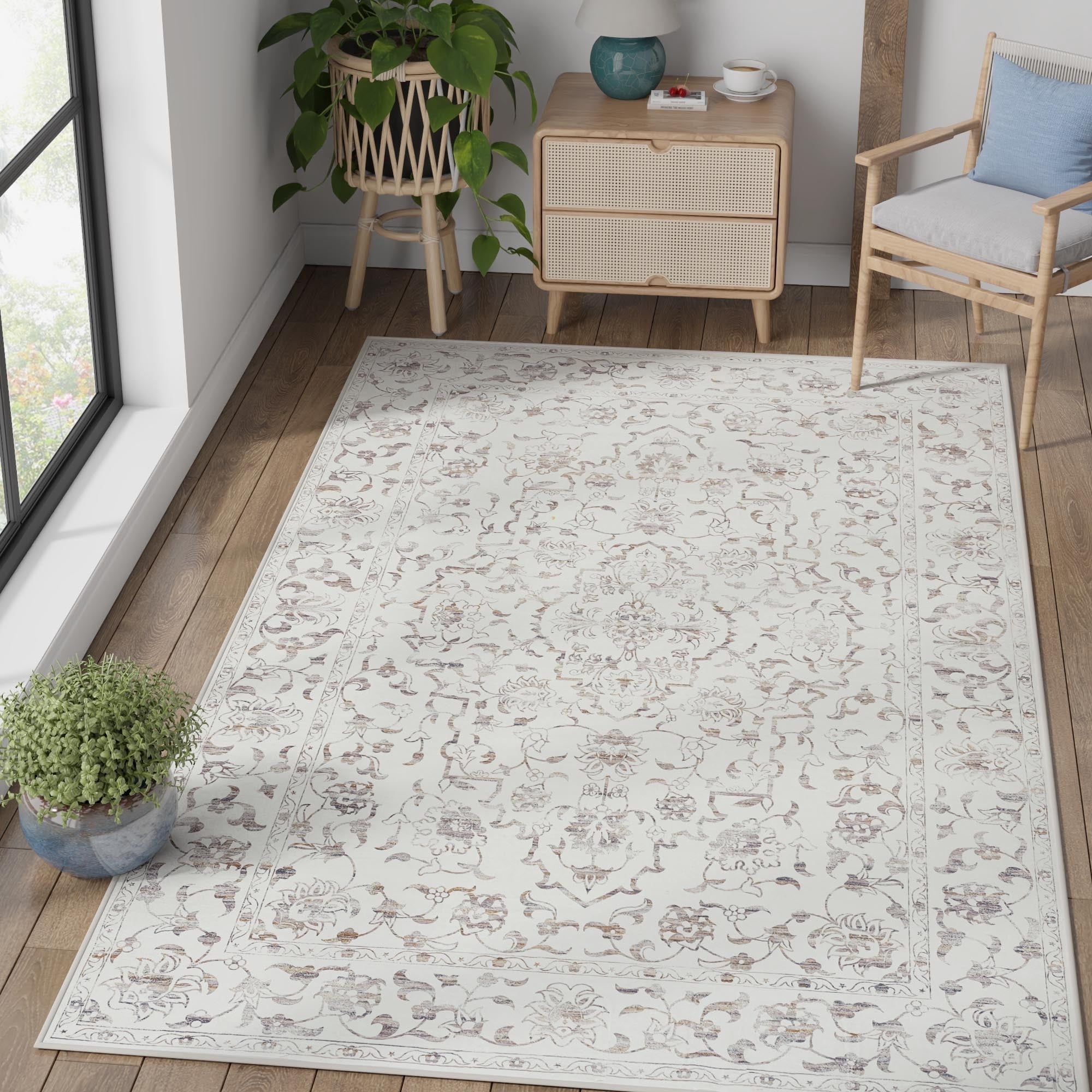 RUGKING Area Rug for Living Room 5x7, Orange Distressed Vintage Floral Print Foldable Rugs, Non Slip Low Pile Accent Rug for Dining Room Bedroom