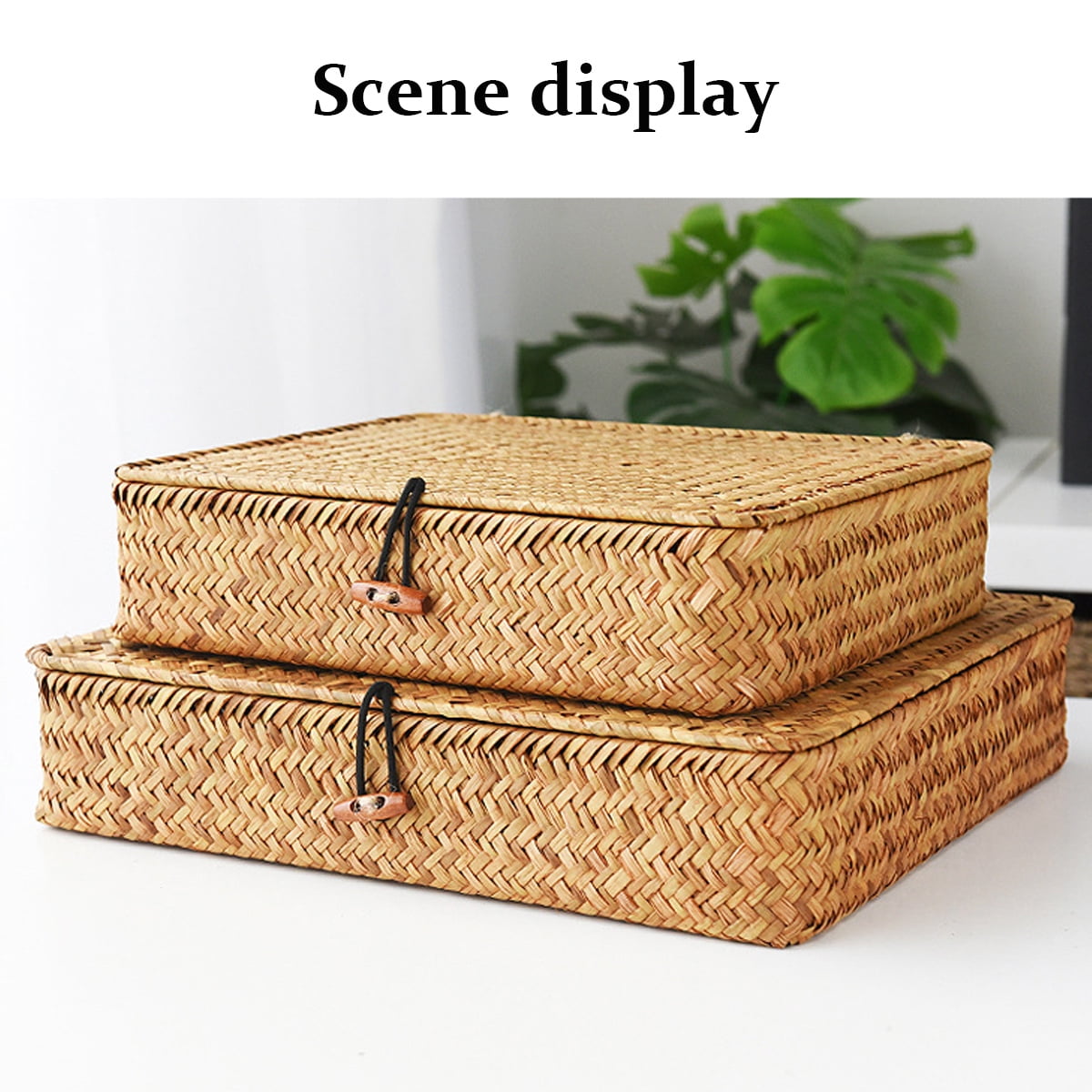 Rectangular Rattan Storage Baskets with Lids, Set of 2, Ideal for Shelves & Organization