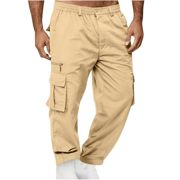 Men's Cargo Pants Loose Drawstring Casual Hiking Pants Button Straight Multiple Pockets Outdoor Trousers Khaki XXL