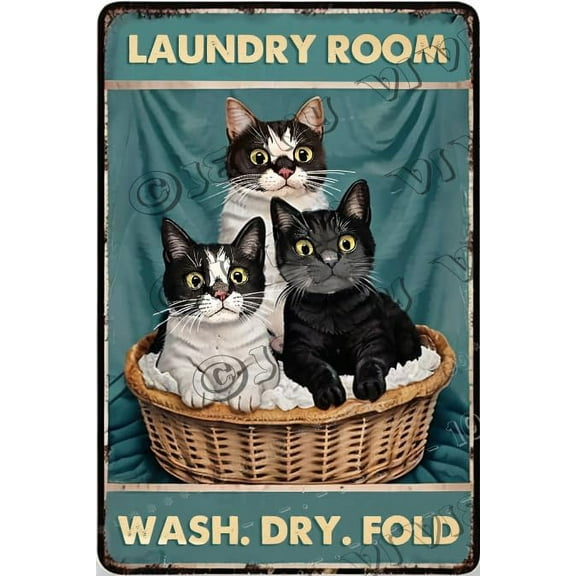 Laundry Room Wash Dry Cats Retro Tin Sign, Funny Cat Tin Sign for Washroom, Cat Gifts for Cat Lovers, Farmhouse Kitchen Vintage Metal Tin Signs,Plaque With Picture Of Cat 12x8 Inches