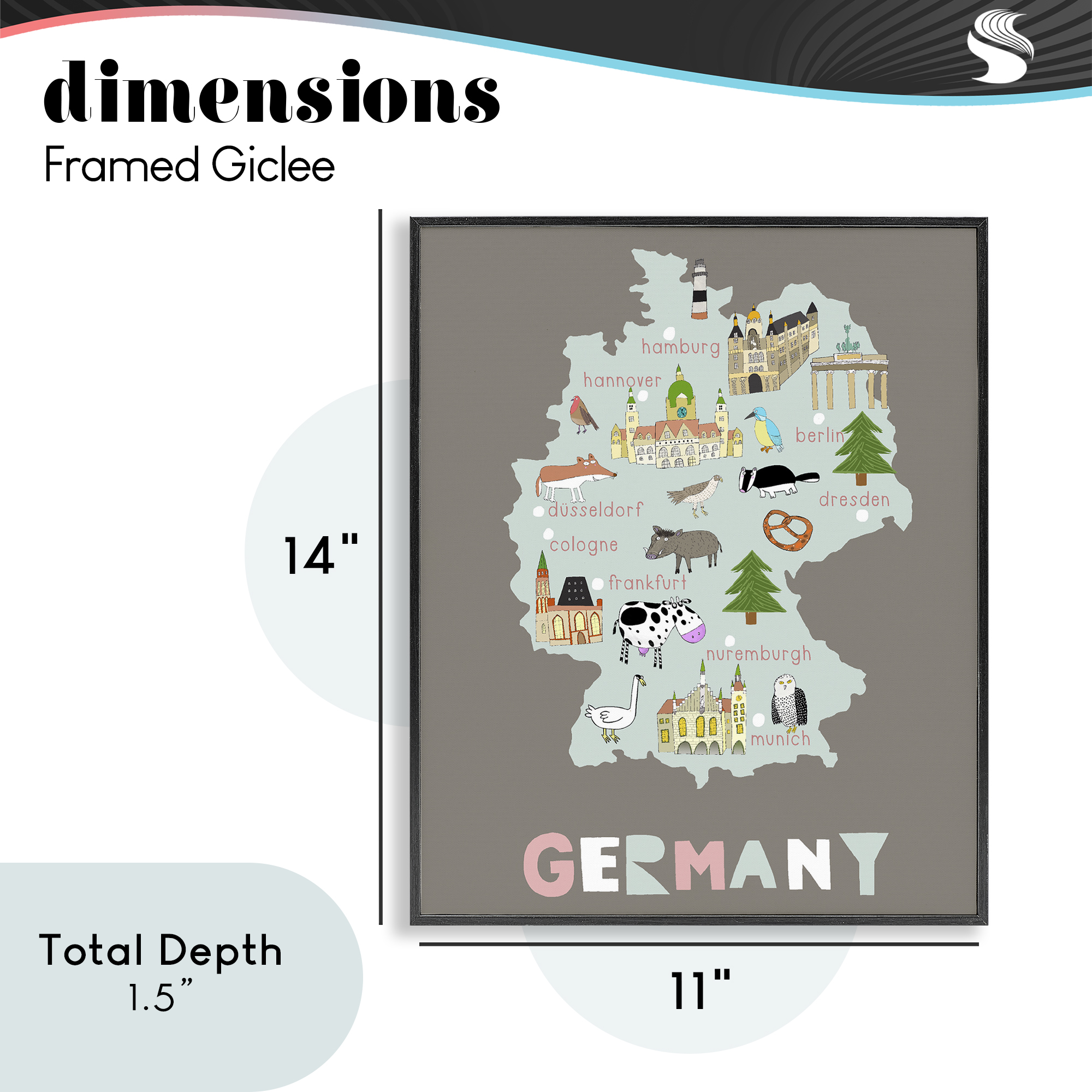 Kid's Map of Germany Black Framed Giclee Art, design by Carla Daly