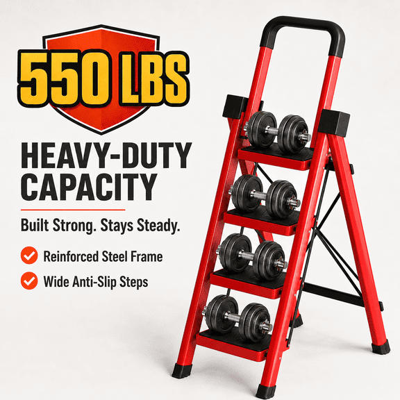 Heavy-duty carbon steel folding ladder with widened non-slip steps, space-saving and portable for home use, perfect for everyday DIY