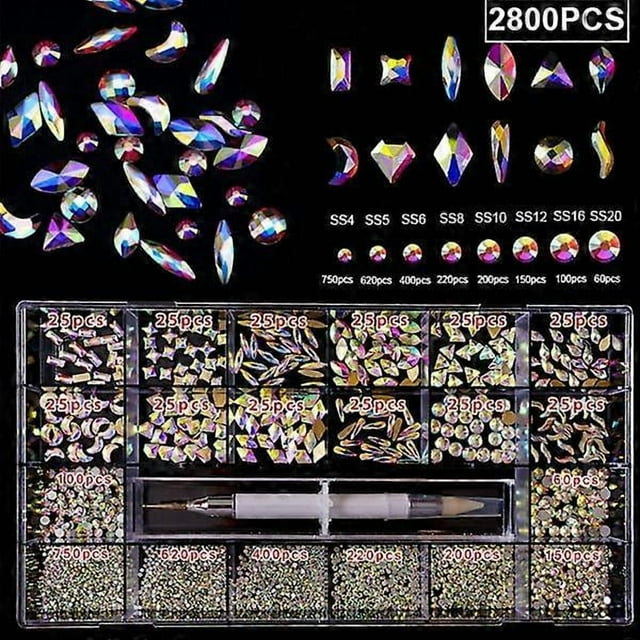 Nail Art Rhinestones Kit Multi Shapes Glass Crystal AB Nail Stones Nail Jewels Flatback Nail Gems Strass for w/ Wax 8