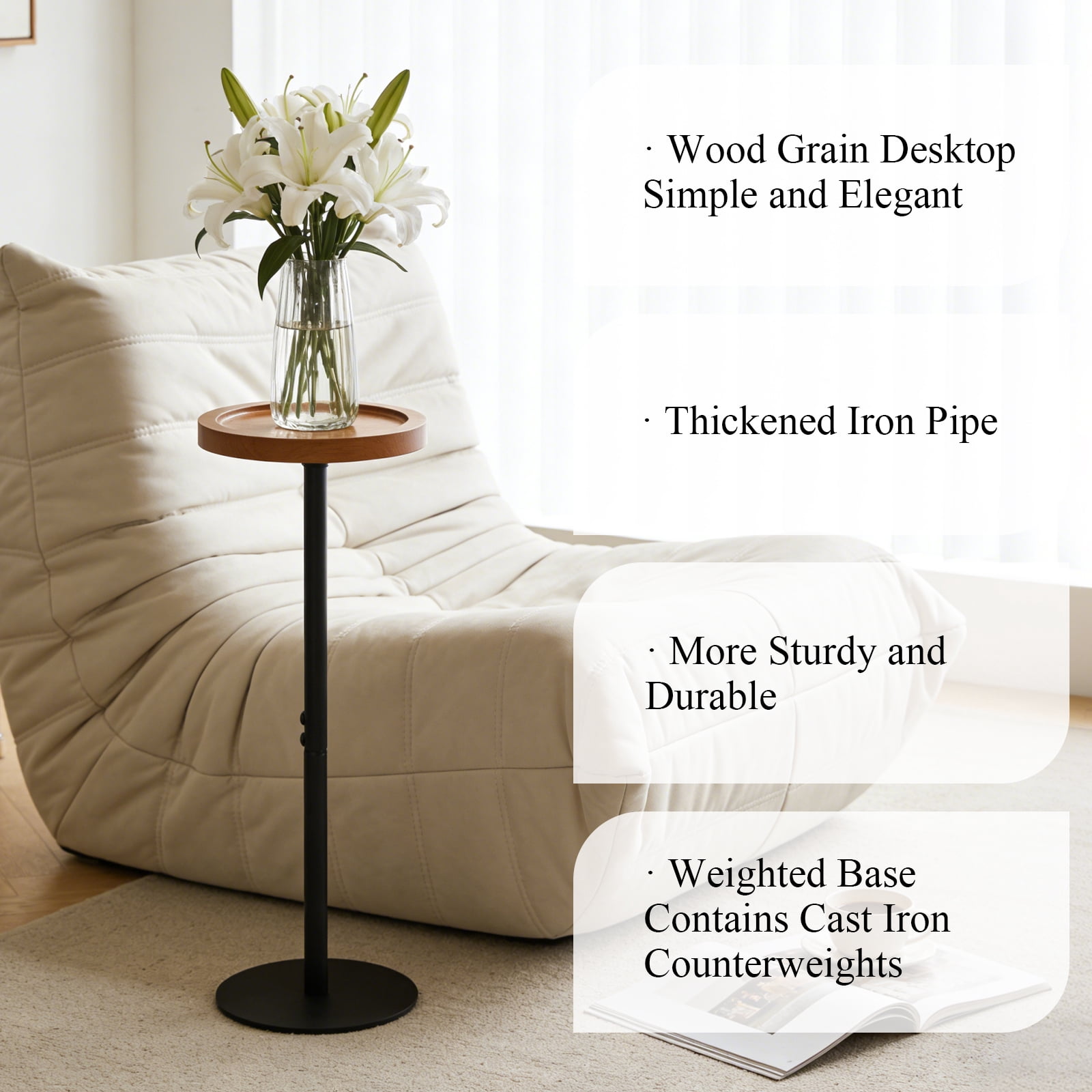 ManyFun Drink Table, Small Pedestal Side Table, Round Cocktail Table, Circle End Table with Metal Base, for Small Spaces