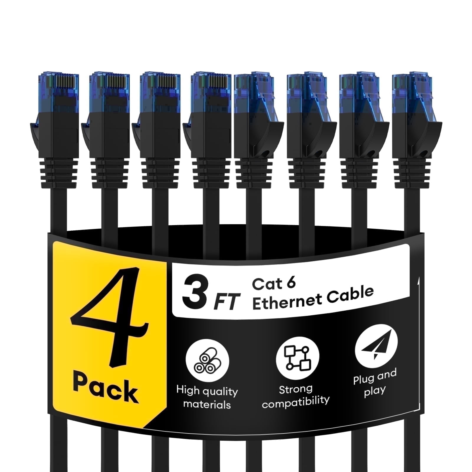 Dutevolns Cat 6 Ethernet Cable 3 ft, 4-Pack Flat RJ45 Internet Cord, High Speed LAN for Router, PS5, Xbox, Gaming, Computer