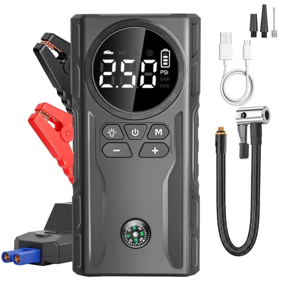 800A Peak Car Battery Jump Starter with Tire Inflator, Portable 6‑in‑1 Jump Starter with Dual USB Ports & 12V DC Output, 12V Jump Pack with 300‑Lumen Tri‑Mode SOS LED Light, Black