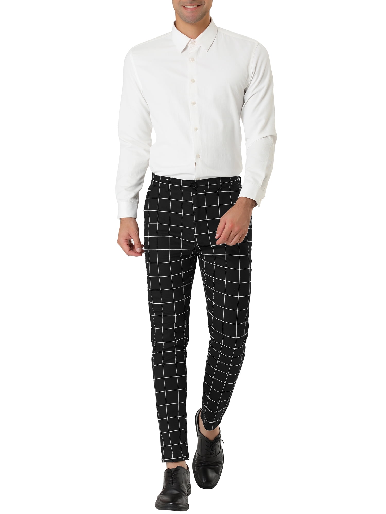 Unique Bargains Men's Slim Fit Plaid Business Pants Trousers with Pockets 30 Black and White