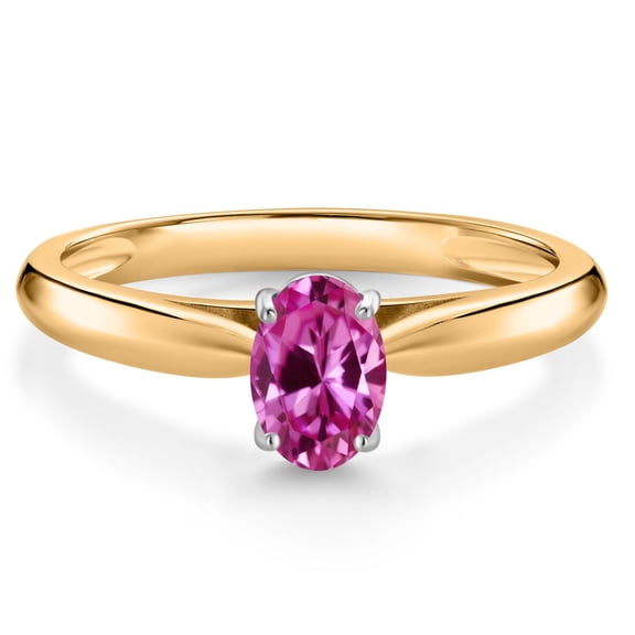 Gem Stone King 0.50 Ct Oval Pink Created Sapphire 10K Yellow and White Gold Solitaire Engagement Ring (Size 9)