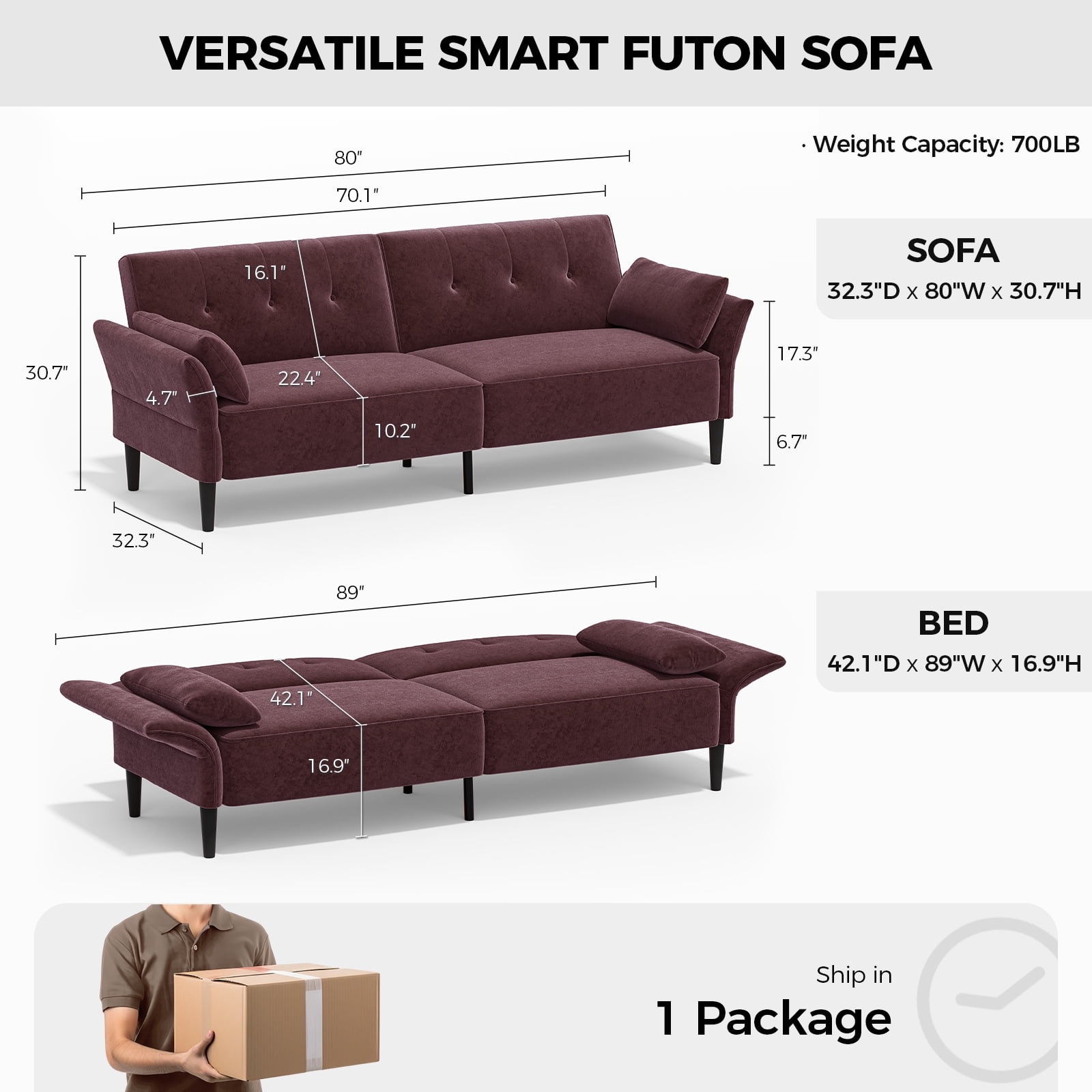 COPIAE 89” Futon Sofa Bed with 2 Square Pillows, Convertible Sleeper Sofa with Adjustable Backrest& Armrests, Modern Loveseat Sleeper for Living Room