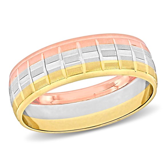 Men's 6mm Matte Three Row Wedding Band in 10k 3-Tone Rose, Yellow, and White Gold