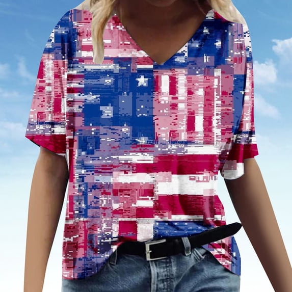 Lilgiuy Basic V Neck Tops for Women Middle Sleeve Casual Loose Blouse Print Summer T-Shirt