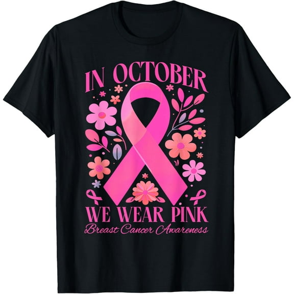 Flower In October We Wear Pink Retro Groovy Breast Cancer Awareness T-shirt