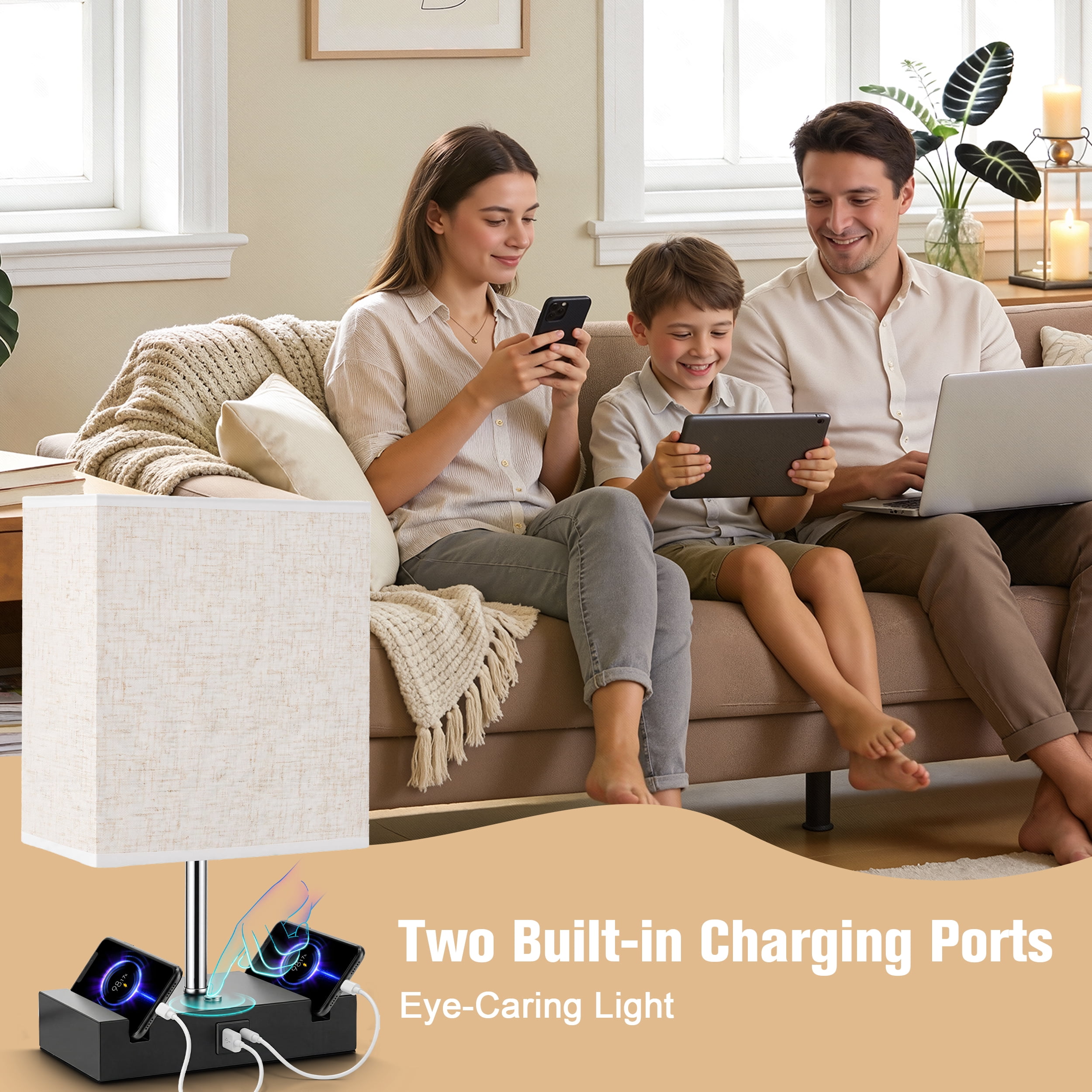 Doulami Table Lamp for Bedroom with 3 Way Dimmable Touch Control, Bedside Table Lamp with 2 USB Charging Ports and 2 Phone Stands, Nightstand Lamp with E26 Light Bulb, Desk Lamp with Fabric Shade for