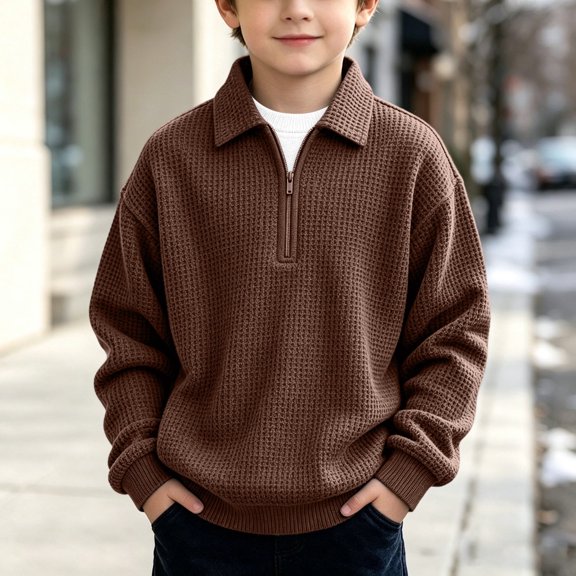LOINRODI Boys Polo Quarter Zip Waffle Knit Sweater Lapel Fashion Long Sleeve Soft School Outdoor Pullover Brown 7 Years