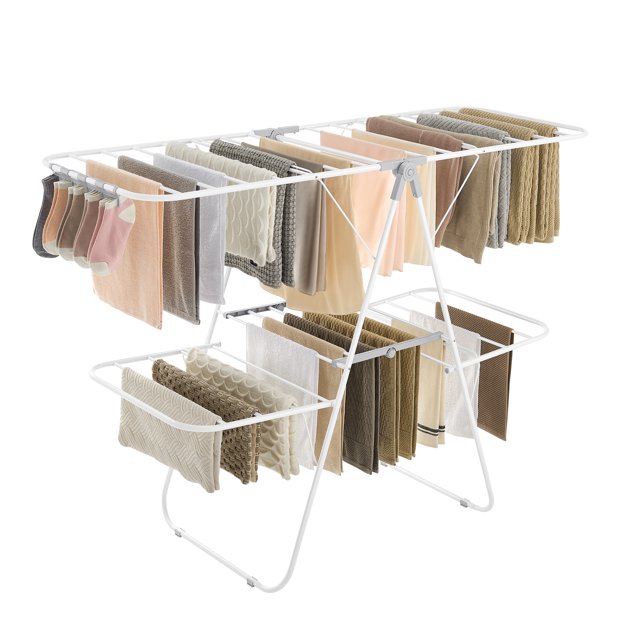 SONGMICS Tendedero, Plegable de 2 Niveles, Alas Ajustables en Altura, con Clips para Calcetines, 33 Barras para Secar la Ropa, Blanco