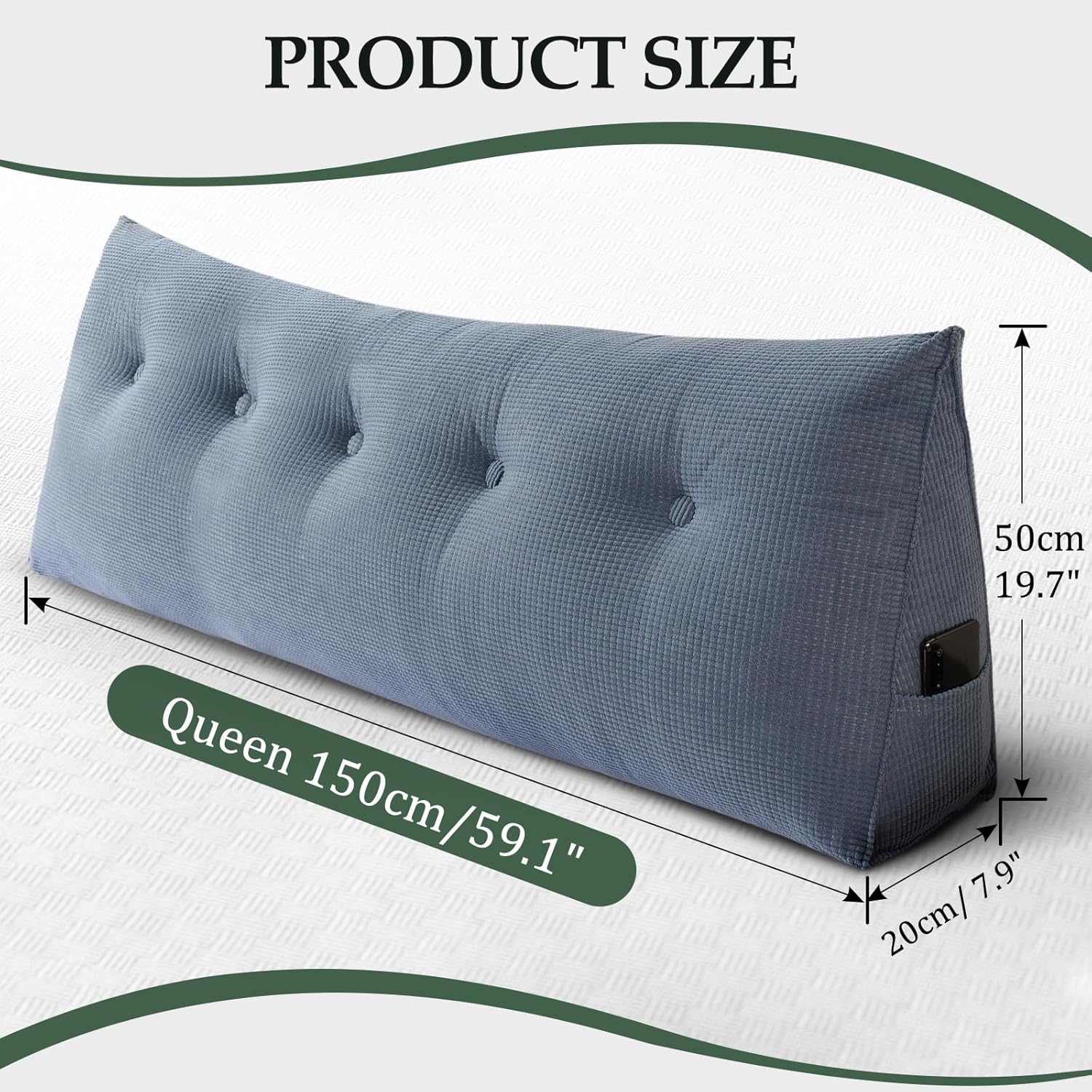 Soft Headboard Pillow Queen Size, Wall Backrest Wedge Pillow Headboard Queen, Reading Backboard Pillows, Large Dorm Daybed Bolster Pillows for Back Support with Removable Cover, Blue