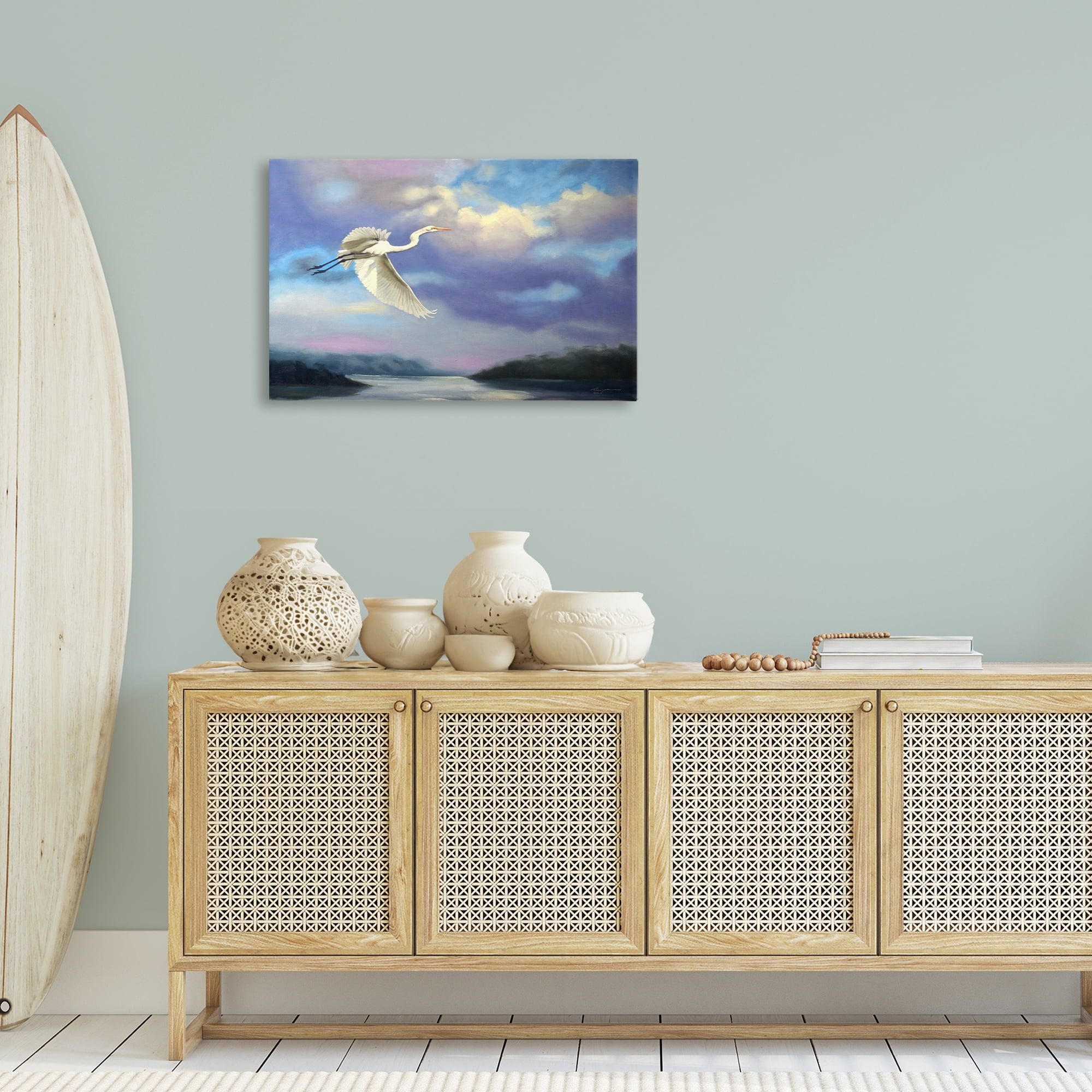Stupell Industries Egret Over Clouds Landscape Painting Gallery Wrapped Canvas Art Print Wall Art, 30 x 20