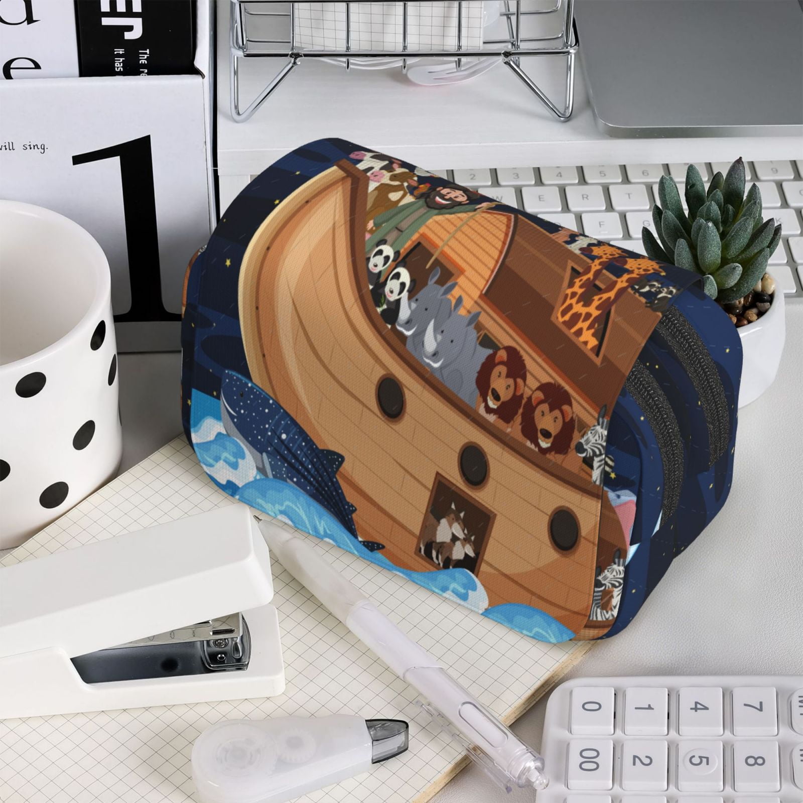 Rateoe Ocean Scene with Noah's Ark Pattern Double Clamshell Pen Case, Storage Organizer with Two Zipper Compartments– Holds Up to 50 Pencils & Pens