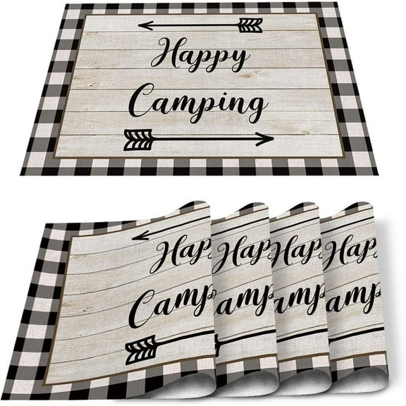 Vintage Arrow Camping Wood Indoor Placemat Set of 4, Non-Slip Placemats for Kitchen/Dining Table/BBQ/Patio/Parties, 12"x18" Washable Durable Cotton-Linen Table Mats, Farmhouse Plaid Happy Camping