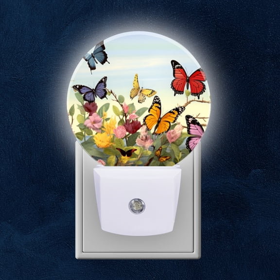 Round LED Night Lights Lamp with Dusk to Dawn Sensor, Butterflies Flying In The Sky Above Flowers And Branches Night Light Plug Into Wall for Kids Room, Bedroom, Bathroom, Kitchen, Hallway