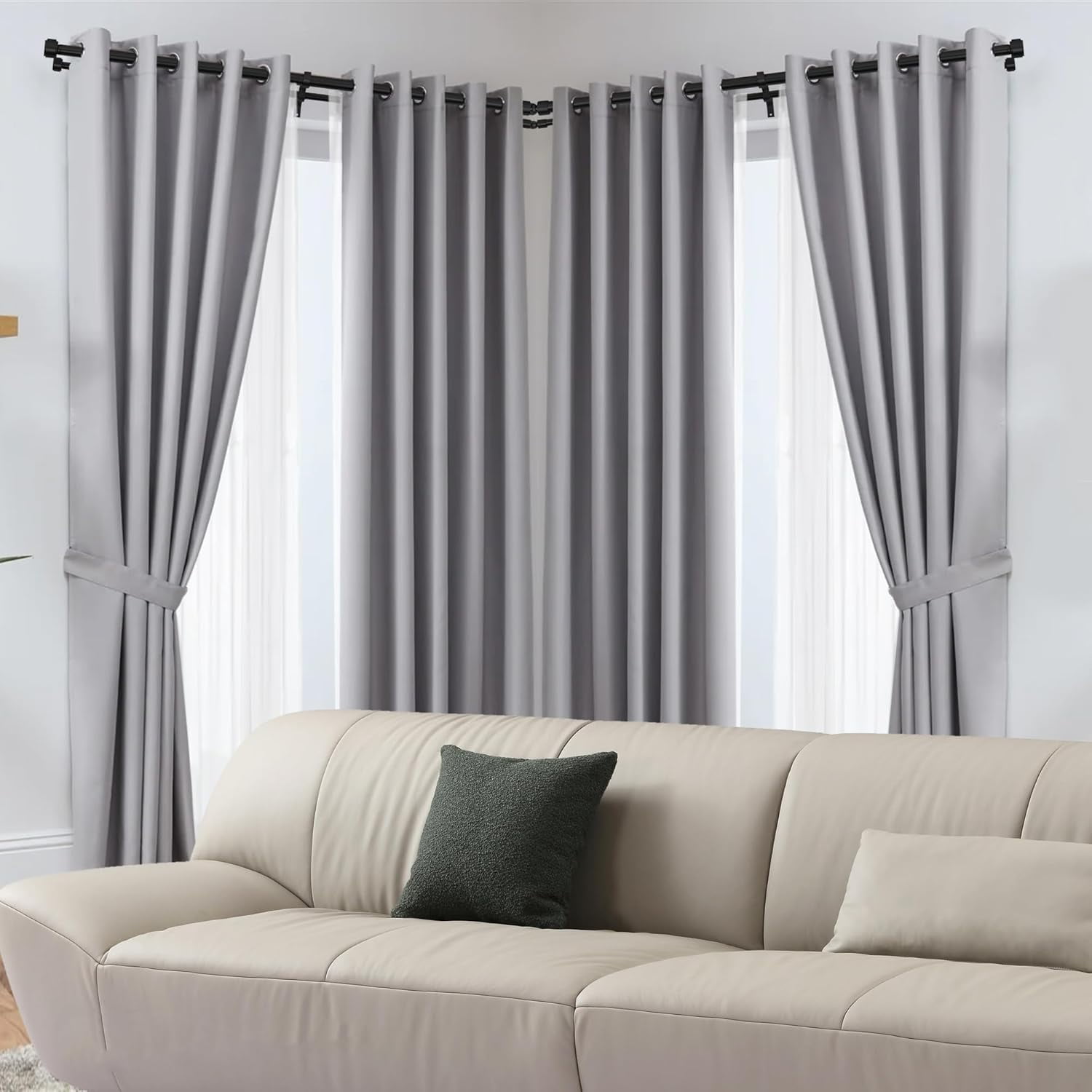 Black Double Corner Window Curtain Rods with Aluminum End Cap Finials and Brackets,1 Inch Diameter Dual Bay Window Curtain Rods, Adjustable 2 Sided 36-72 Inch Double Drapery Rod